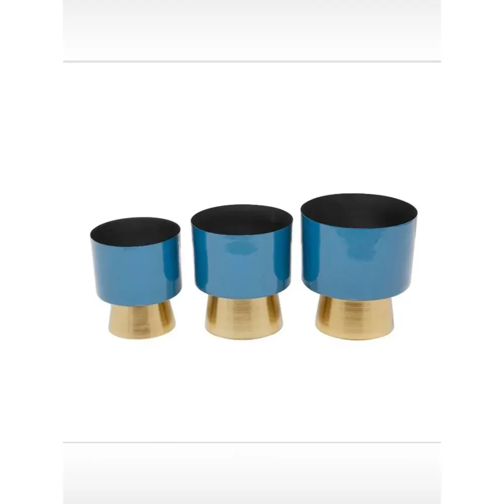 CosmoLiving NEW Blue & Gold Metal Planter 3/SET Modern Home Decor Indoor/Outdoor